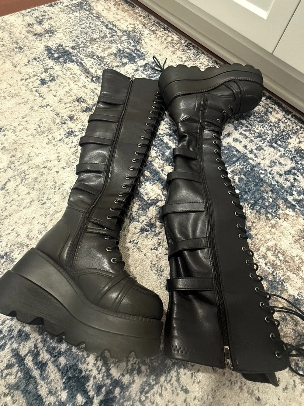 Women’s Black Platform Lace-Up Knee-High Boots